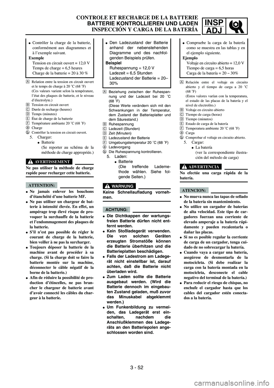 YAMAHA WR 450F 2004  Owners Manual INSP
ADJ
ÅBeziehung zwischen der Ruhespan-
nung und der Ladezeit bei 20 ˚C
(68 ˚F)
(Diese Werte verändern sich mit den
Schwankungen in der Temperatur,
dem Zustand der Batterieplatter und
dem Säur