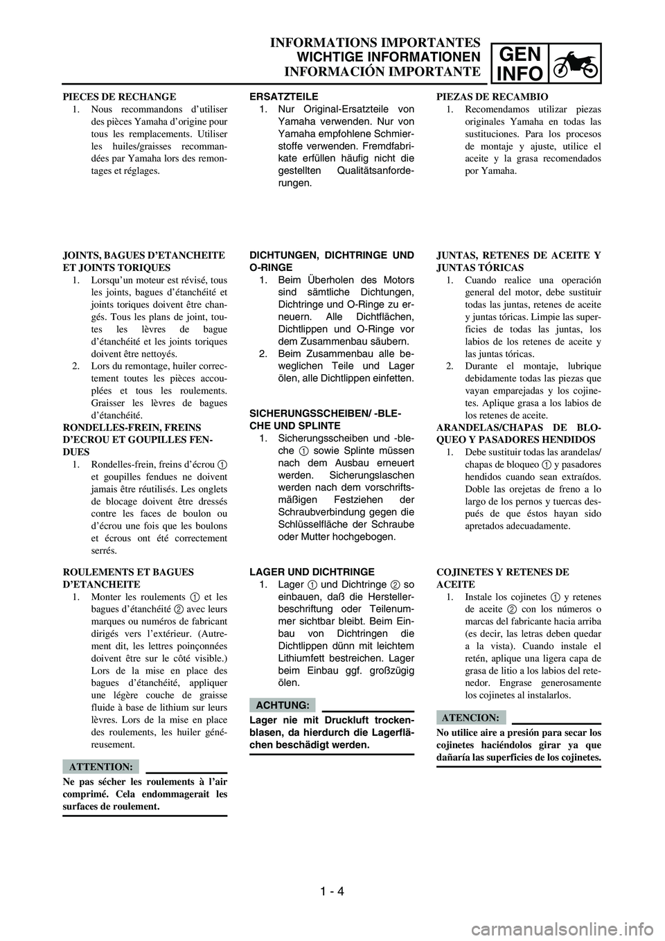 YAMAHA WR 450F 2004 Owners Guide GEN
INFO
INFORMATIONS IMPORTANTES
WICHTIGE INFORMATIONEN
INFORMACIÓN IMPORTANTE
ERSATZTEILE
1. Nur Original-Ersatzteile von
Yamaha verwenden. Nur von
Yamaha empfohlene Schmier-
stoffe verwenden. Frem