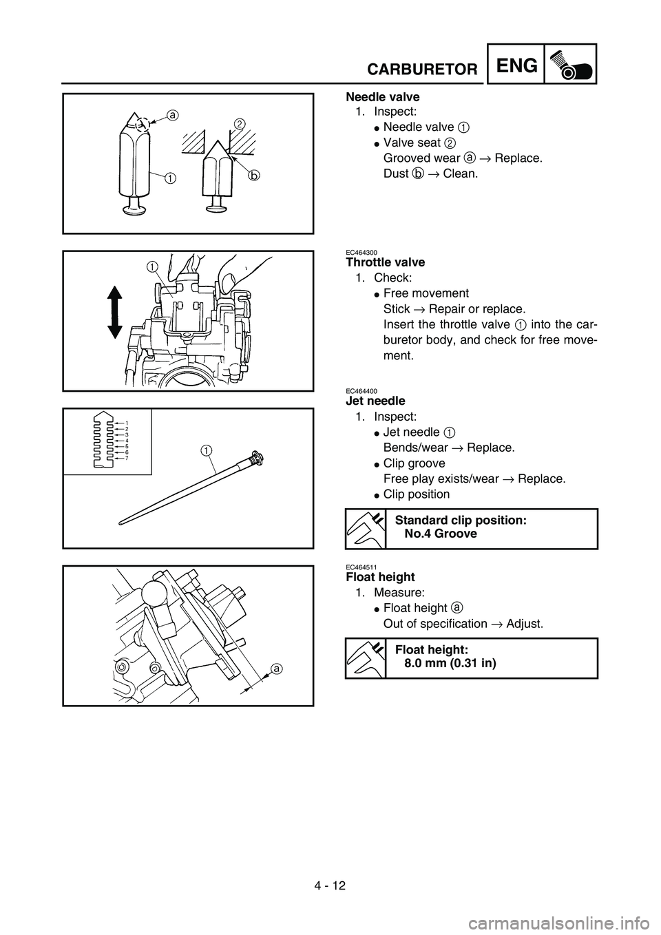 YAMAHA WR 450F 2004  Owners Manual 4 - 12
ENGCARBURETOR
Needle valve
1. Inspect:
Needle valve 1 
Valve seat 2 
Grooved wear a → Replace.
Dust b → Clean.
EC464300
Throttle valve
1. Check:
Free movement
Stick → Repair or replace