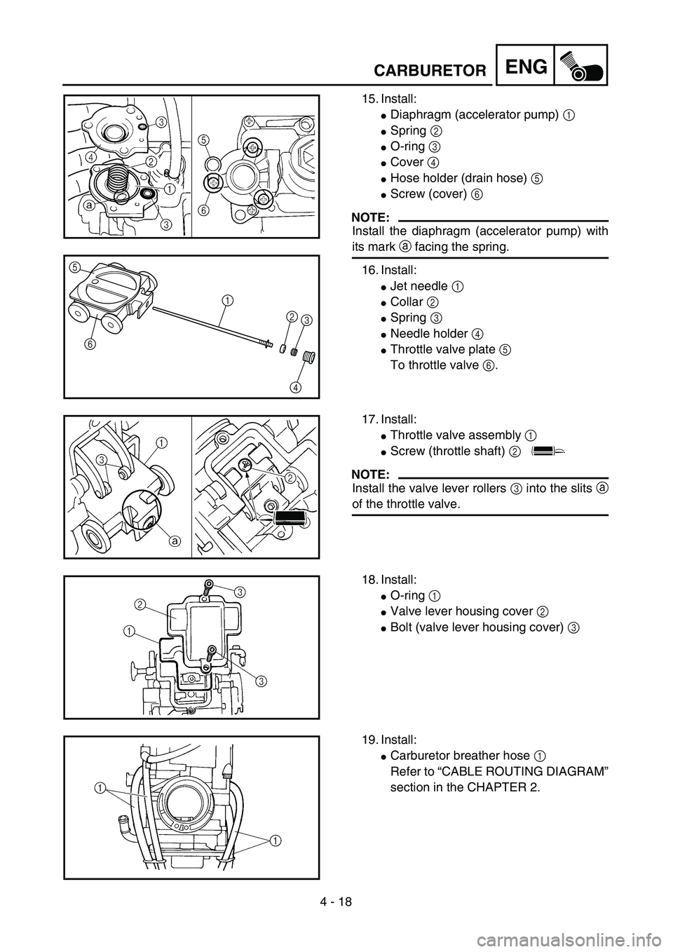 YAMAHA WR 450F 2004 Owners Manual 4 - 18
ENGCARBURETOR
15. Install:
Diaphragm (accelerator pump) 1 
Spring 2 
O-ring 3
Cover 4 
Hose holder (drain hose) 5
Screw (cover) 6 
NOTE:
Install the diaphragm (accelerator pump) with
its 