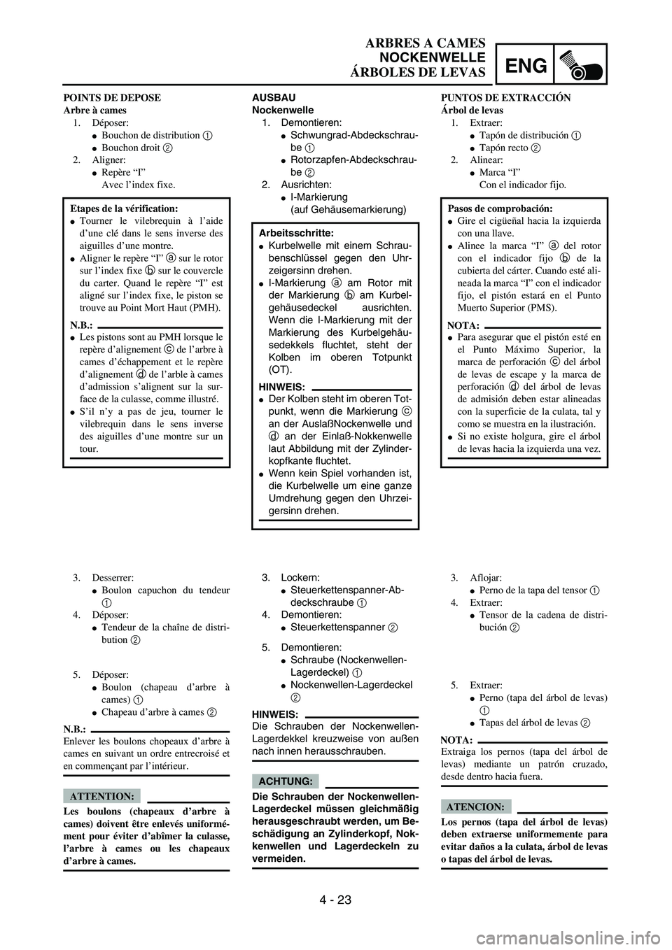 YAMAHA WR 450F 2004  Owners Manual ENG
4 - 23
ARBRES A CAMES
NOCKENWELLE
ÁRBOLES DE LEVAS
AUSBAU
Nockenwelle
1. Demontieren:
Schwungrad-Abdeckschrau-
be 1 
Rotorzapfen-Abdeckschrau-
be 2 
2. Ausrichten:
I-Markierung
(auf Gehäusema