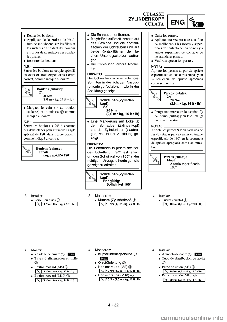 YAMAHA WR 450F 2004  Owners Manual ENG
4 - 32
Die Schrauben entfernen.
Molybdändisulfidfett ernaut auf
das Gewinde und die Kontakt-
flächen der Schrauben und auf
beide Kontaktflächen der fla-
chen Unterlegscheiben auftra-
gen.
Di