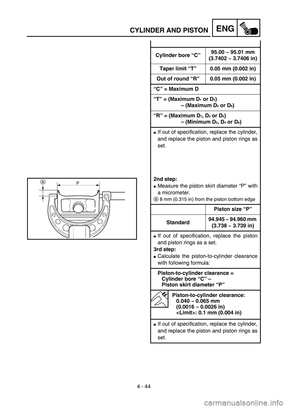 YAMAHA WR 450F 2004  Owners Manual 4 - 44
ENGCYLINDER AND PISTON
Cylinder bore “C”95.00 ~ 95.01 mm
(3.7402 ~ 3.7406 in)
Taper limit “T”0.05 mm (0.002 in)
Out of round “R”0.05 mm (0.002 in)
“C” = Maximum D
“T” = (Max