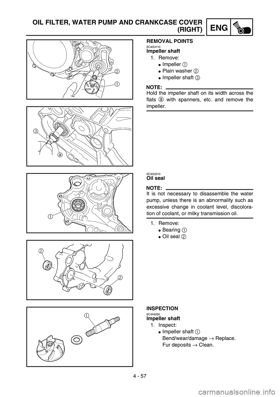 YAMAHA WR 450F 2004  Notices Demploi (in French) 4 - 57
ENG
OIL FILTER, WATER PUMP AND CRANKCASE COVER
(RIGHT)
REMOVAL POINTS
EC4G3110
Impeller shaft
1. Remove:
Impeller 1 
Plain washer 2 
Impeller shaft 3 
NOTE:
Hold the impeller shaft on its wi