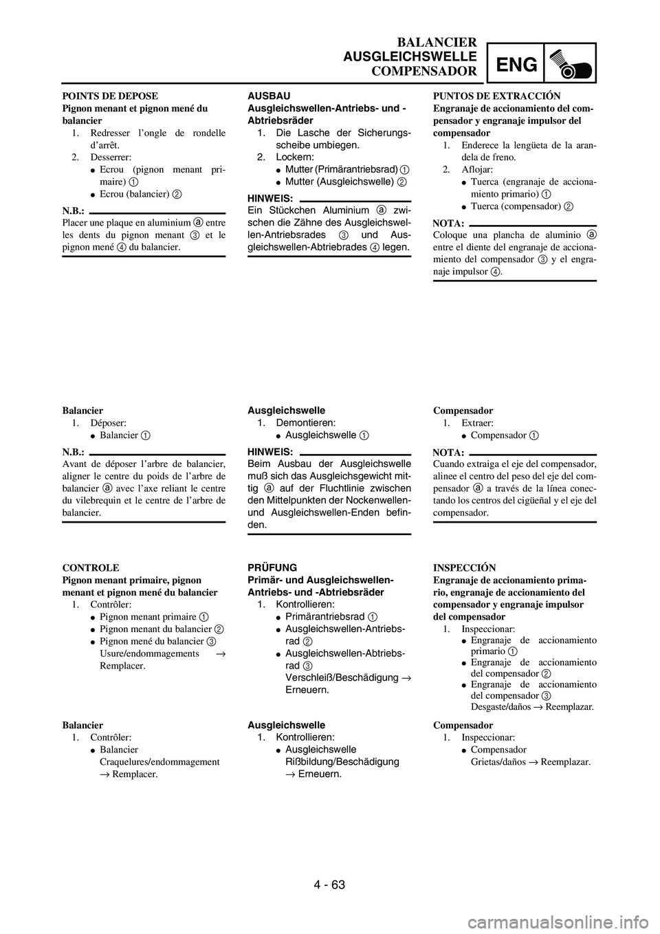 YAMAHA WR 450F 2004  Owners Manual ENG
4 - 63
BALANCIER
AUSGLEICHSWELLE
COMPENSADOR
AUSBAU
Ausgleichswellen-Antriebs- und -
Abtriebsräder
1. Die Lasche der Sicherungs-
scheibe umbiegen.
2. Lockern:
Mutter (Primärantriebsrad) 1 
Mut