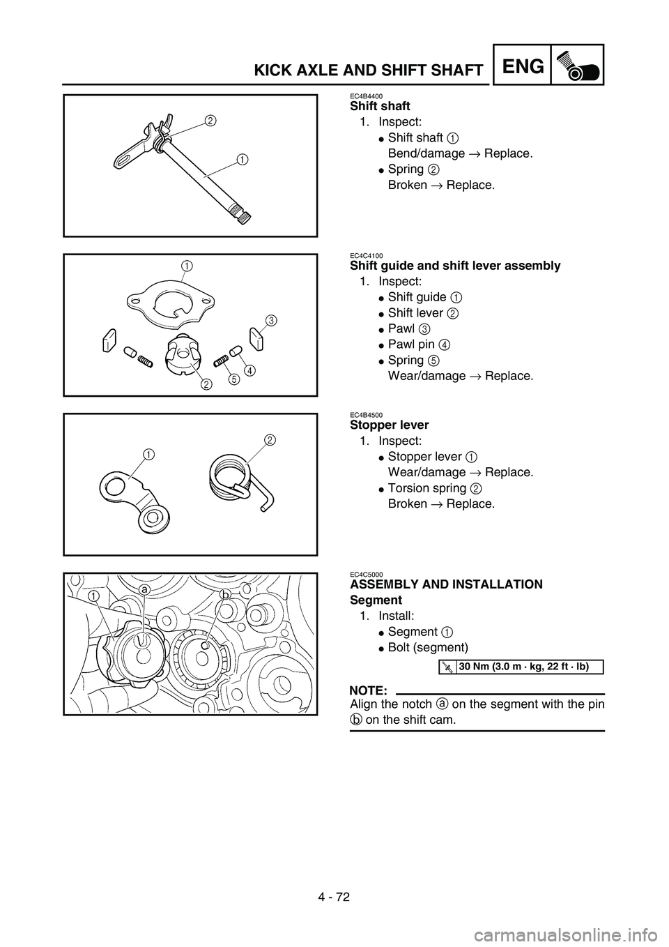 YAMAHA WR 450F 2004  Owners Manual 4 - 72
ENGKICK AXLE AND SHIFT SHAFT
EC4B4400
Shift shaft
1. Inspect:
Shift shaft 1 
Bend/damage → Replace.
Spring 2 
Broken → Replace.
EC4C4100
Shift guide and shift lever assembly
1. Inspect:
