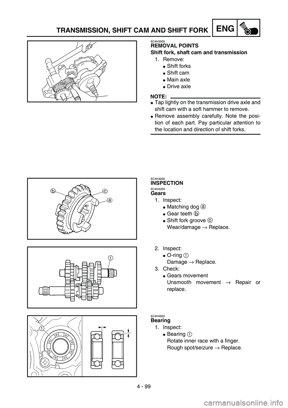 YAMAHA WR 450F 2004  Owners Manual 4 - 99
ENGTRANSMISSION, SHIFT CAM AND SHIFT FORK
EC4H3000
REMOVAL POINTS
Shift fork, shaft cam and transmission
1. Remove:
Shift forks
Shift cam
Main axle
Drive axle
NOTE:
Tap lightly on the tran