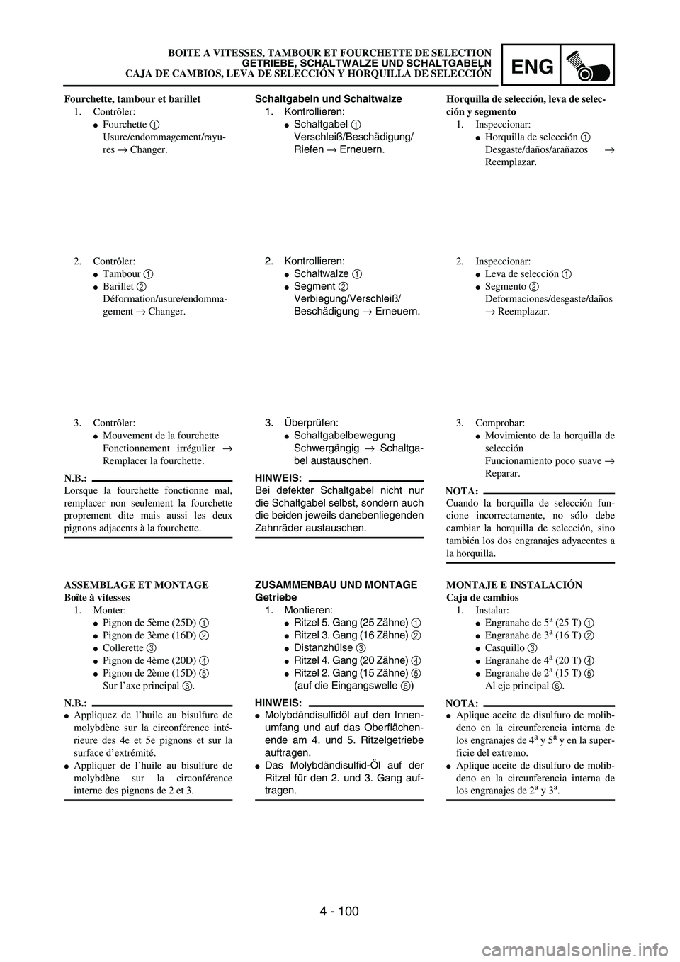 YAMAHA WR 450F 2004  Owners Manual ENG
4 - 100
Schaltgabeln und Schaltwalze
1. Kontrollieren:
Schaltgabel 1 
Verschleiß/Beschädigung/
Riefen → Erneuern.
2. Kontrollieren:
Schaltwalze 1 
Segment 2
Verbiegung/Verschleiß/
Beschäd