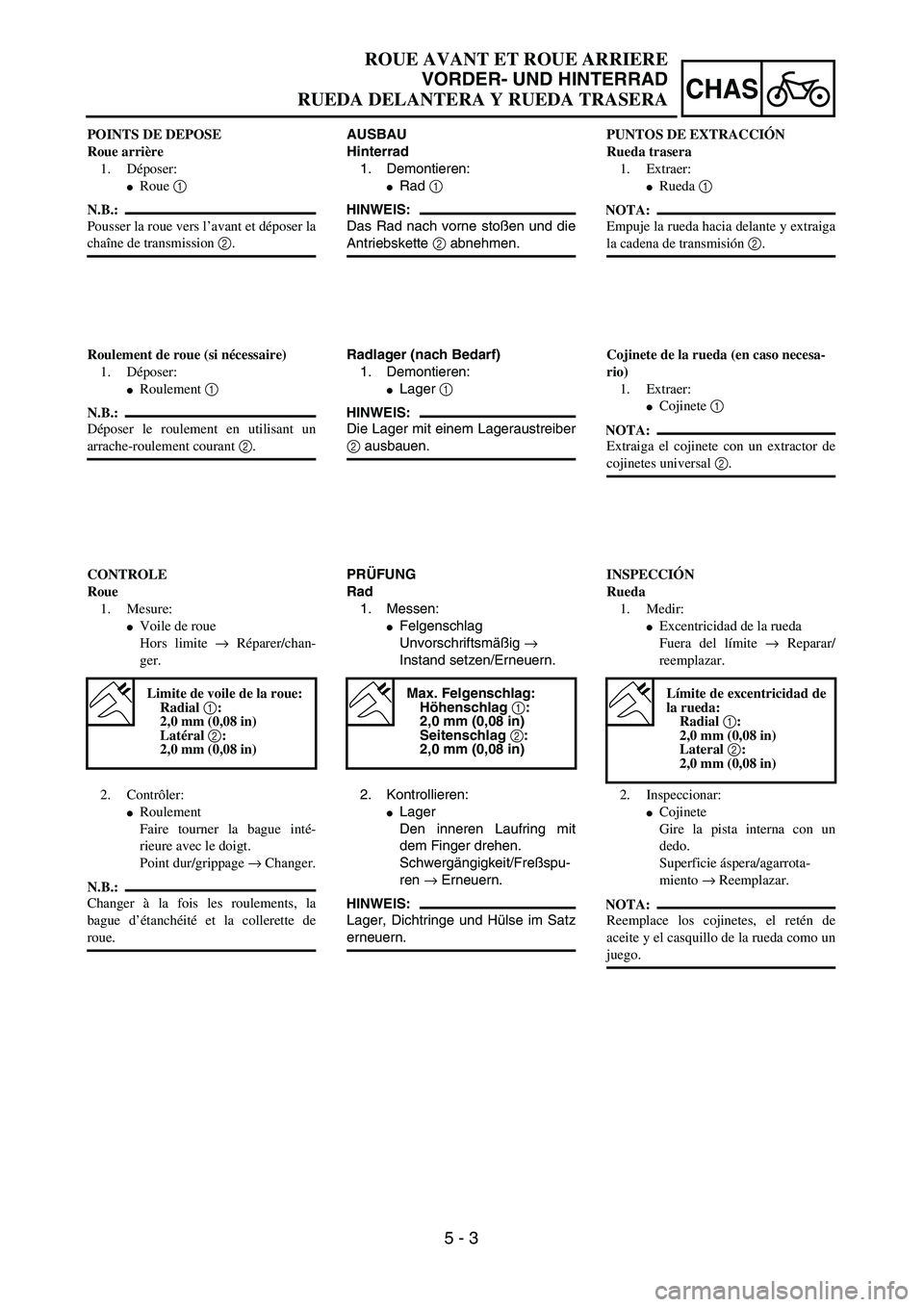YAMAHA WR 450F 2004  Owners Manual  
5 - 3
CHAS
 
ROUE AVANT ET ROUE ARRIERE 
VORDER- UND HINTERRAD 
RUEDA DELANTERA Y RUEDA TRASERA 
AUSBAU
Hinterrad 
1. Demontieren: 
 
Rad  
1 
 
HINWEIS:
 
Das Rad nach vorne stoßen und die 
Antri