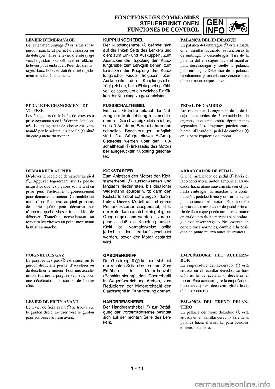 YAMAHA WR 450F 2004 Workshop Manual GEN
INFO
FONCTIONS DES COMMANDES
STEUERFUNKTIONEN
FUNCIONES DE CONTROL
KUPPLUNGSHEBEL
Der Kupplungshebel 1 befindet sich
auf der linken Seite des Lenkers und
dient zum Ein- und Auskuppeln. Zum
Ausrüc