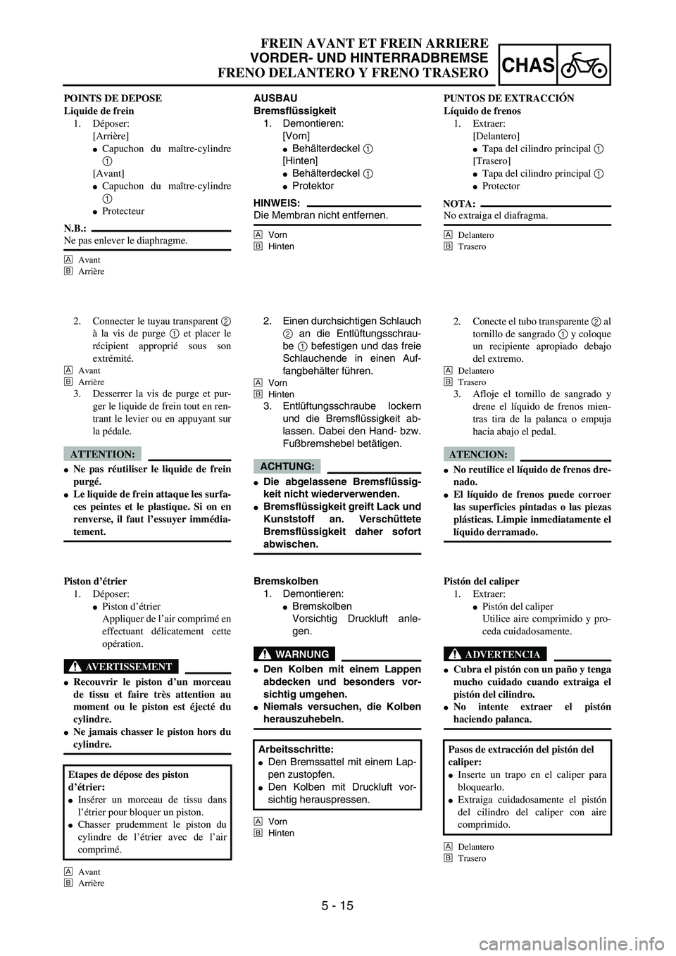 YAMAHA WR 450F 2004  Owners Manual 5 - 15
CHAS
FREIN AVANT ET FREIN ARRIERE
VORDER- UND HINTERRADBREMSE
FRENO DELANTERO Y FRENO TRASERO
AUSBAU
Bremsflüssigkeit
1. Demontieren:
[Vorn]
Behälterdeckel 1 
[Hinten]
Behälterdeckel 1
Pr