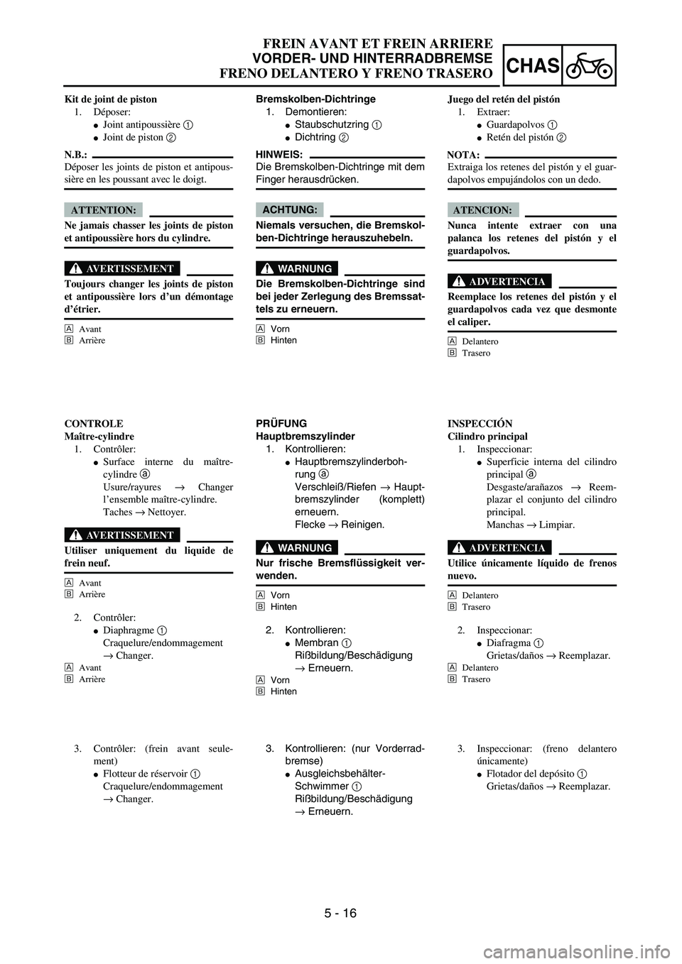 YAMAHA WR 450F 2004  Owners Manual 5 - 16
CHAS
FREIN AVANT ET FREIN ARRIERE
VORDER- UND HINTERRADBREMSE
FRENO DELANTERO Y FRENO TRASERO
Bremskolben-Dichtringe
1. Demontieren:
Staubschutzring 1 
Dichtring 2 
HINWEIS:
Die Bremskolben-D