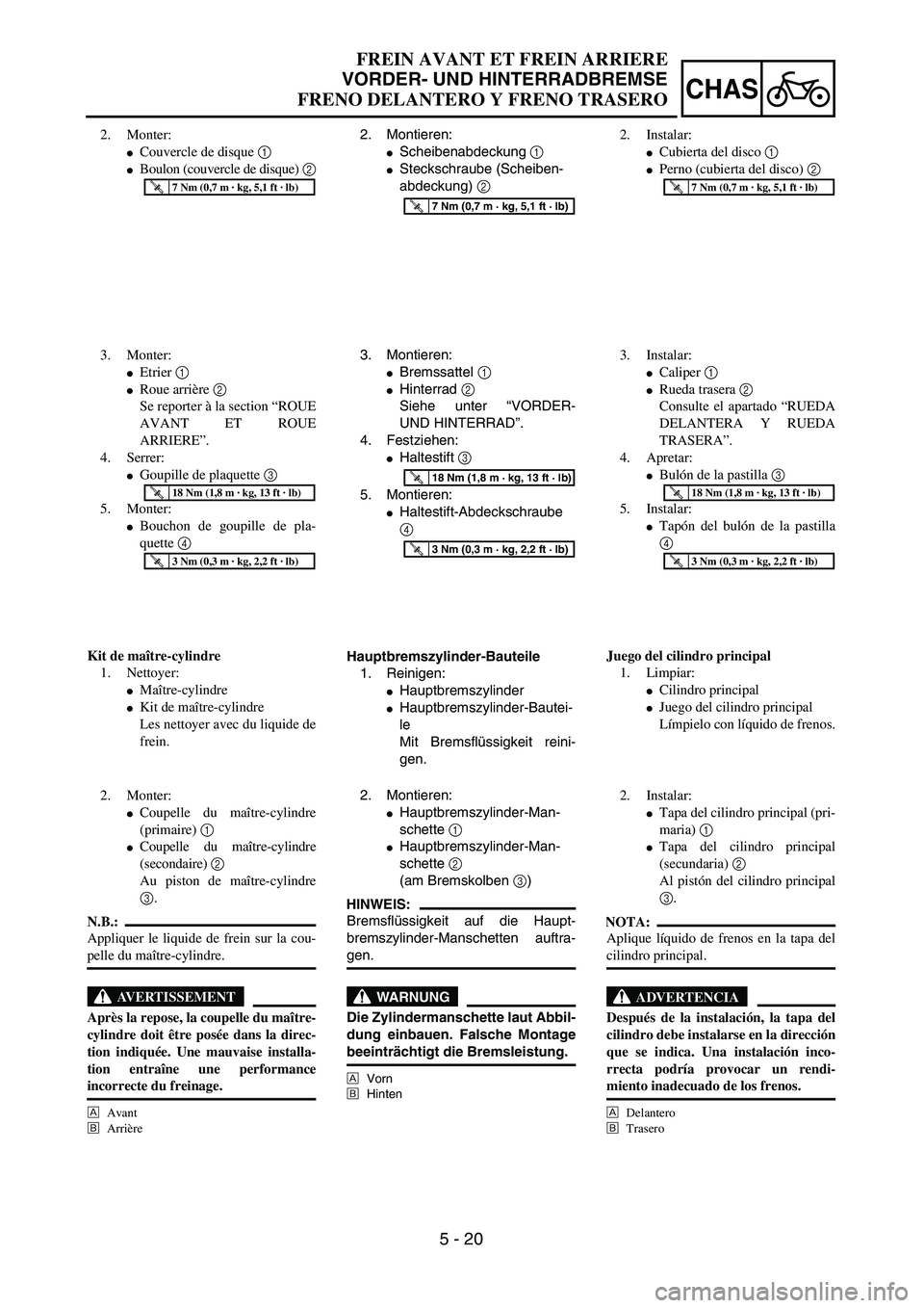 YAMAHA WR 450F 2004  Owners Manual 5 - 20
CHAS
FREIN AVANT ET FREIN ARRIERE
VORDER- UND HINTERRADBREMSE
FRENO DELANTERO Y FRENO TRASERO
2. Montieren:
Scheibenabdeckung 1 
Steckschraube (Scheiben-
abdeckung) 2 
T R..7 Nm (0,7 m · kg,