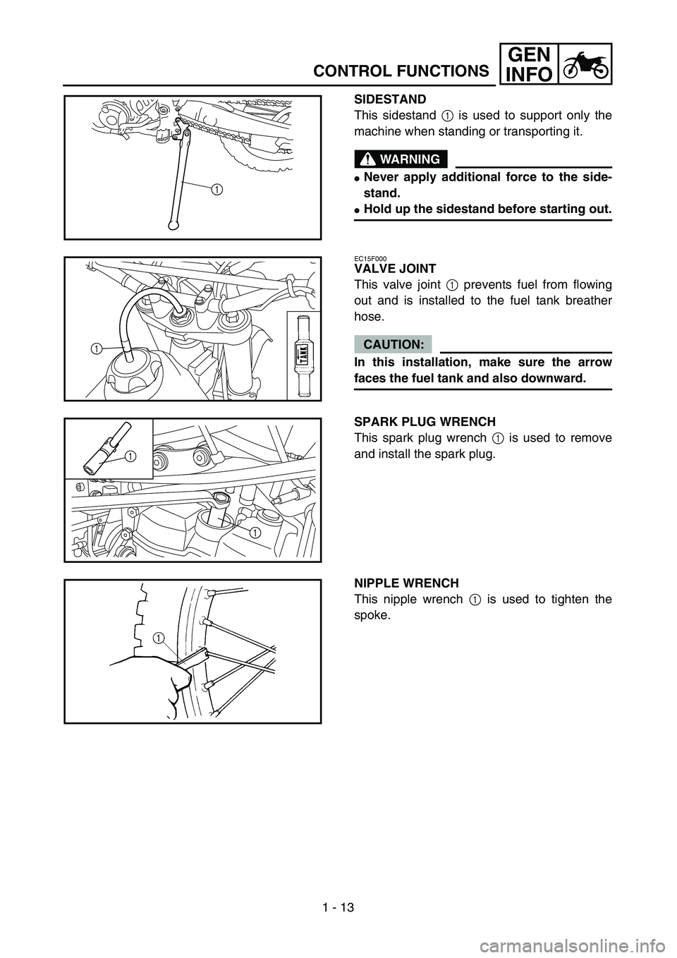 YAMAHA WR 450F 2004  Owners Manual 1 - 13
GEN
INFO
SIDESTAND
This sidestand 1 is used to support only the
machine when standing or transporting it.
WARNING
Never apply additional force to the side-
stand.
Hold up the sidestand before