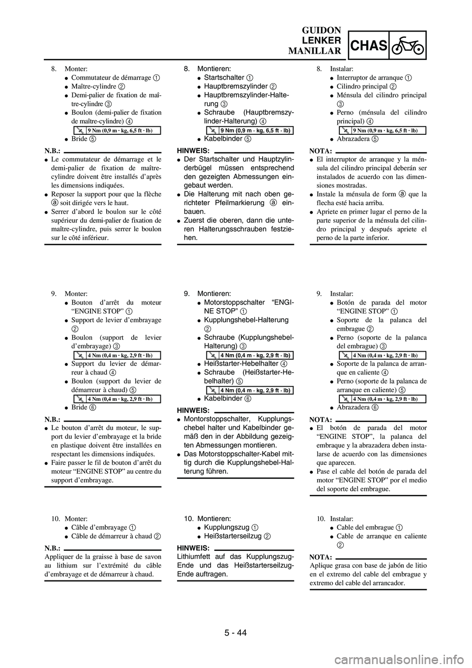YAMAHA WR 450F 2004  Owners Manual 5 - 44
CHAS
GUIDON
LENKER
MANILLAR
8. Montieren:
Startschalter 1
Hauptbremszylinder 2 
Hauptbremszylinder-Halte-
rung 3 
Schraube (Hauptbremszy-
linder-Halterung) 4 
Kabelbinder 5 
HINWEIS:
Der 