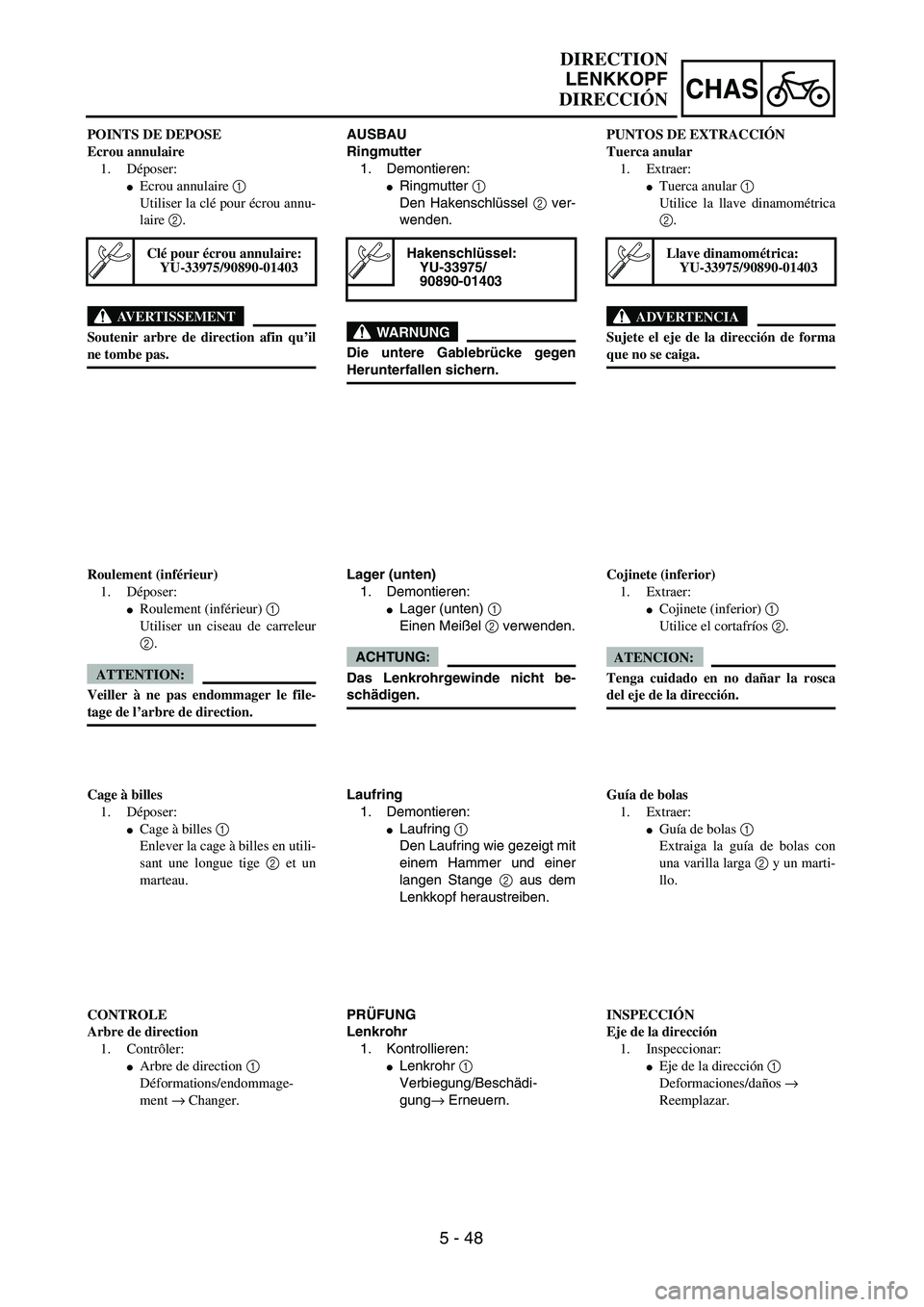 YAMAHA WR 450F 2004  Owners Manual 5 - 48
CHAS
AUSBAU
Ringmutter
1. Demontieren:
Ringmutter 1 
Den Hakenschlüssel 2 ver-
wenden.
WARNUNG
Die untere Gablebrücke gegen
Herunterfallen sichern.
Hakenschlüssel:
YU-33975/
90890-01403
Lag