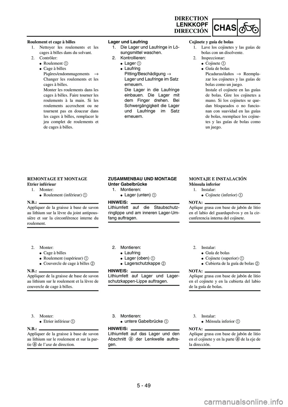 YAMAHA WR 450F 2004  Owners Manual 5 - 49
CHAS
DIRECTION
LENKKOPF
DIRECCIÓN
Lager und Laufring
1. Die Lager und Laufringe in Lö-
sungsmittel waschen.
2. Kontrollieren:
Lager 1 
Laufring
Pitting/Beschädigung → 
Lager und Laufring