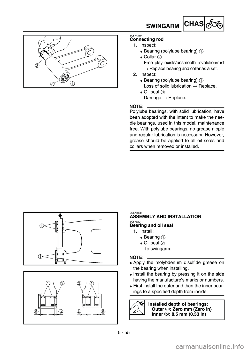 YAMAHA WR 450F 2004  Owners Manual 5 - 55
CHASSWINGARM
EC574310
Connecting rod
1. Inspect:
Bearing (polylube bearing) 1
Collar 2 
Free play exists/unsmooth revolution/rust
→ Replace bearing and collar as a set.
2. Inspect:
Bearing
