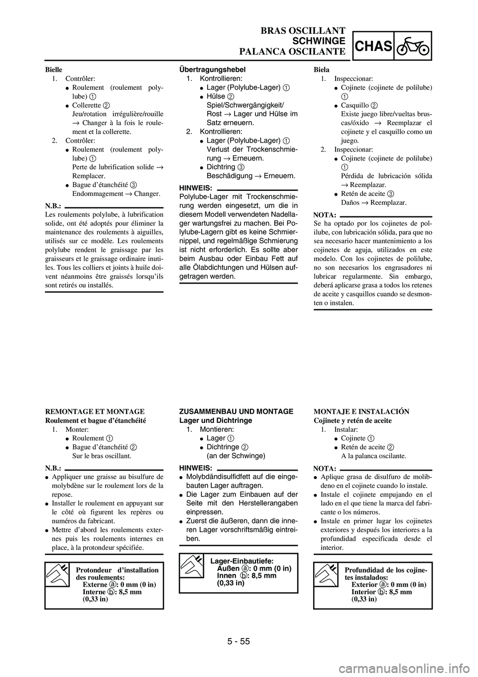 YAMAHA WR 450F 2004  Owners Manual 5 - 55
CHAS
BRAS OSCILLANT
SCHWINGE
PALANCA OSCILANTE
Übertragungshebel
1. Kontrollieren:
Lager (Polylube-Lager) 1 
Hülse 2 
Spiel/Schwergängigkeit/
Rost → Lager und Hülse im
Satz erneuern.
2.