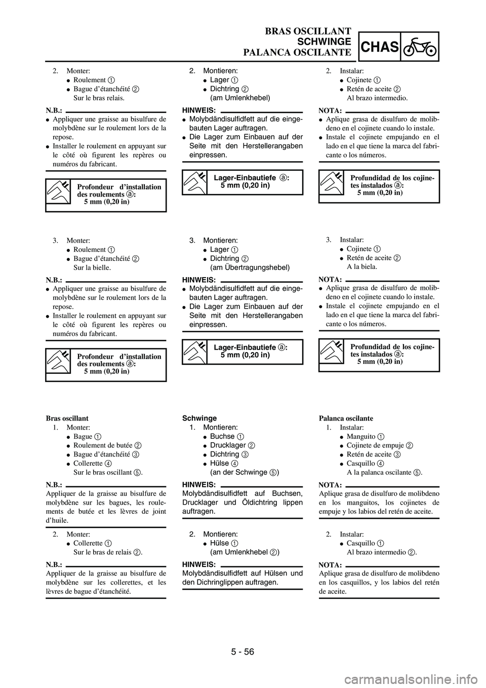 YAMAHA WR 450F 2004  Owners Manual 5 - 56
CHAS
BRAS OSCILLANT
SCHWINGE
PALANCA OSCILANTE
2. Montieren:
Lager 1 
Dichtring 2 
(am Umlenkhebel)
HINWEIS:
Molybdändisulfidfett auf die einge-
bauten Lager auftragen.
Die Lager zum Einba