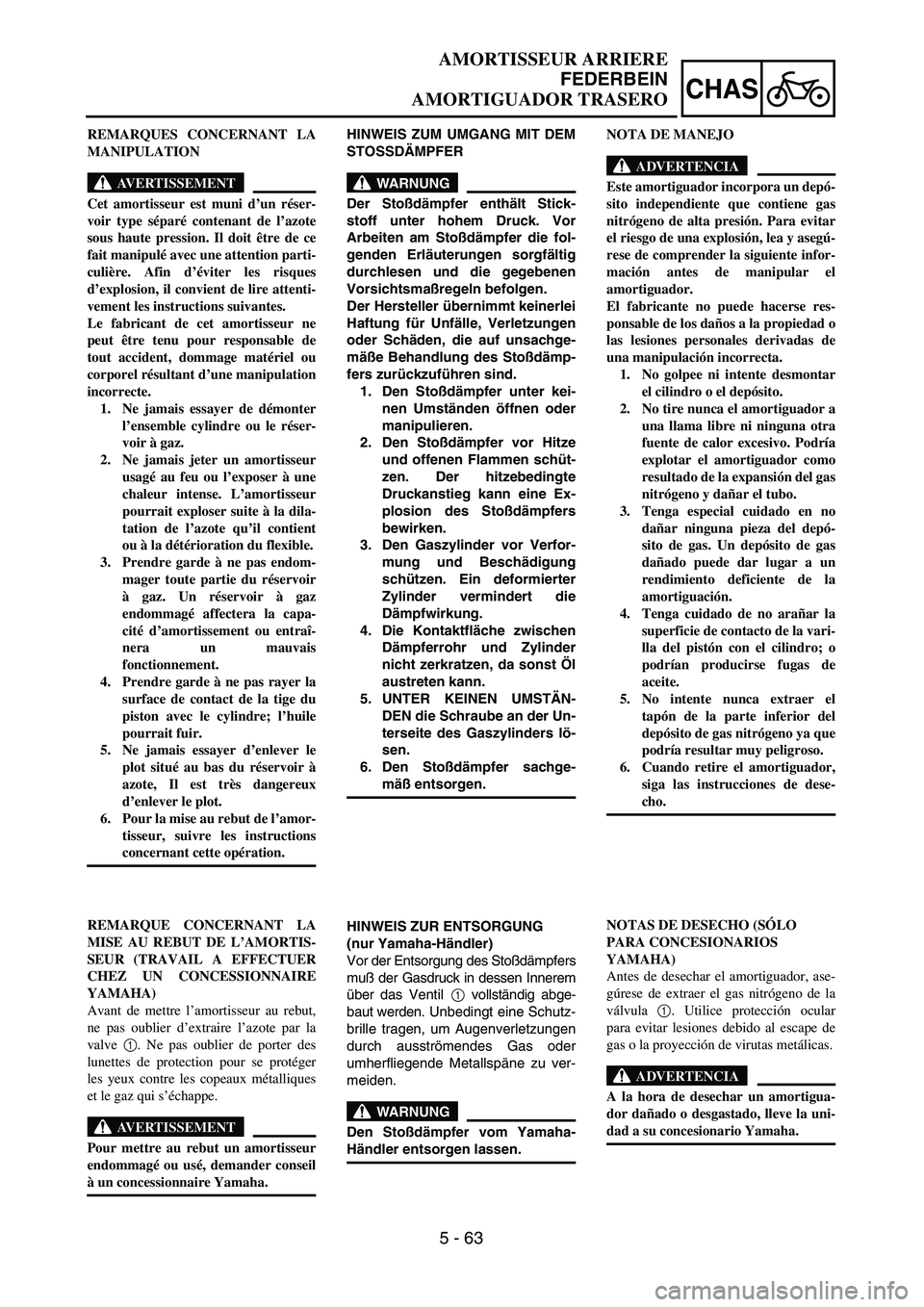 YAMAHA WR 450F 2004  Owners Manual 5 - 63
CHAS
HINWEIS ZUM UMGANG MIT DEM
STOSSDÄMPFER
WARNUNG
Der Stoßdämpfer enthält Stick-
stoff unter hohem Druck. Vor
Arbeiten am Stoßdämpfer die fol-
genden Erläuterungen sorgfältig
durchle