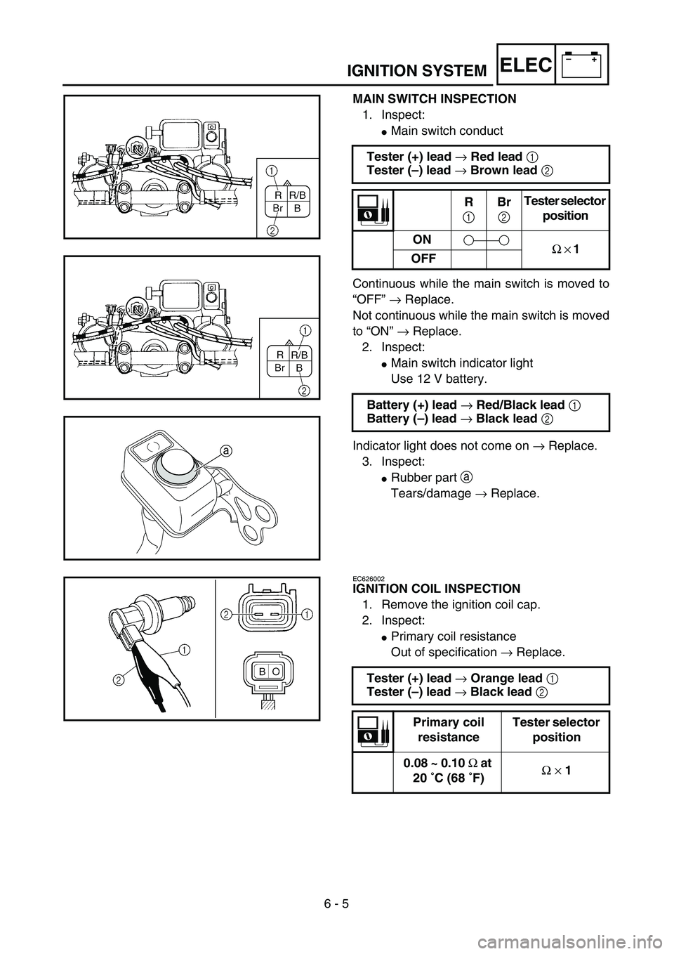 YAMAHA WR 450F 2004  Owners Manual 6 - 5
–+ELECIGNITION SYSTEM
MAIN SWITCH INSPECTION
1. Inspect:
Main switch conduct
Continuous while the main switch is moved to
“OFF” → Replace.
Not continuous while the main switch is moved
