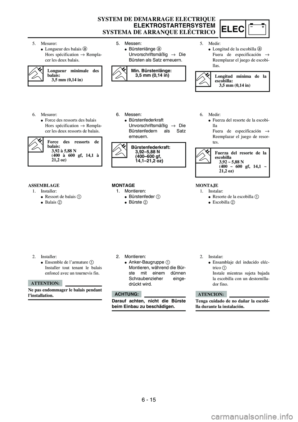 YAMAHA WR 450F 2004  Owners Manual –+ELEC
SYSTEM DE DEMARRAGE ELECTRIQUE
ELEKTROSTARTERSYSTEM
SYSTEMA DE ARRANQUE ELÉCTRICO
5. Mesurer: 
Longueur des balais a 
Hors spécification → Rempla-
cer les deux balais. 
Longueur minimale