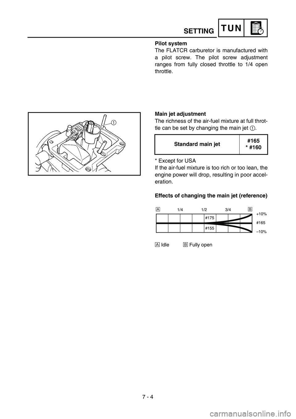 YAMAHA WR 450F 2004  Owners Manual  
7 - 4
TUN
 
SETTING 
Pilot system 
The FLATCR carburetor is manufactured with
a pilot screw. The pilot screw adjustment
ranges from fully closed throttle to 1/4 open
throttle. 
Main jet adjustment 
