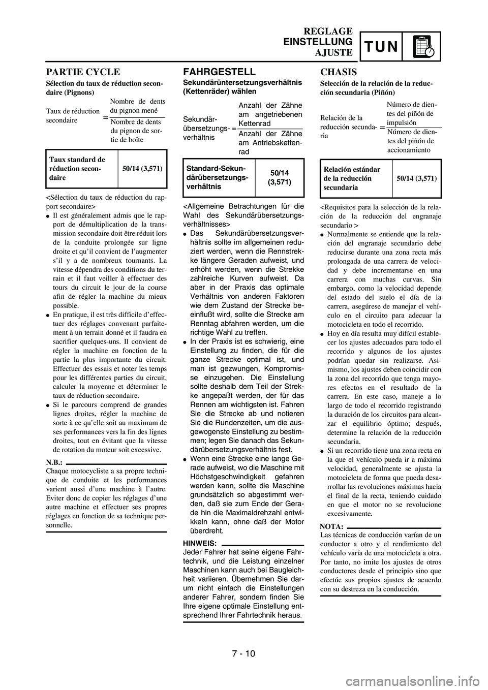 YAMAHA WR 450F 2004  Owners Manual TUN
FAHRGESTELL
Sekundärüntersetzungsverhältnis 
(Kettenräder) wählen
Sekundär- 
übersetzungs- =
verhältnis
<Allgemeine Betrachtungen für die
Wahl des Sekundärübersetzungs-
verhältnisses>
