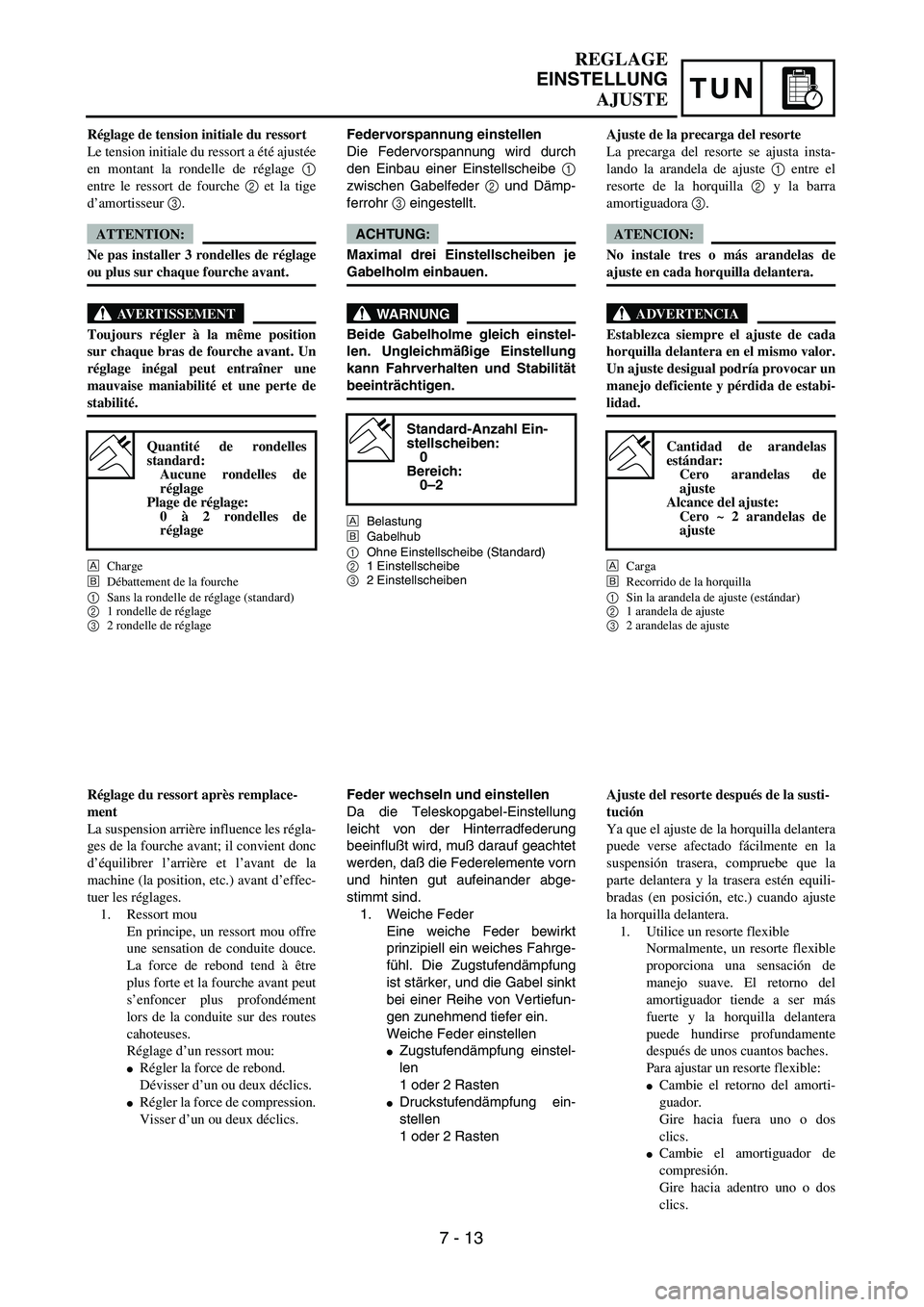 YAMAHA WR 450F 2004  Owners Manual TUN
REGLAGE
EINSTELLUNG
AJUSTE
Federvorspannung einstellen
Die Federvorspannung wird durch
den Einbau einer Einstellscheibe 1
zwischen Gabelfeder 2 und Dämp-
ferrohr 3 eingestellt.
ACHTUNG:
Maximal d