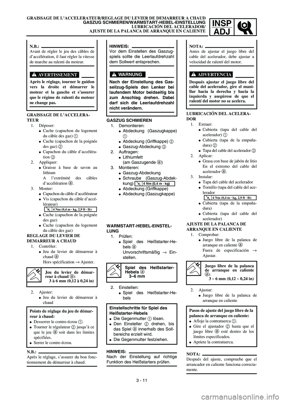 YAMAHA WR 450F 2003  Manuale de Empleo (in Spanish) INSP
ADJ
GRAISSAGE DE L’ACCELERATEUR/REGLAGE DU LEVIER DE DEMARREUR A CHAUD
GASZUG SCHMIEREN/WARMSTART-HEBEL-EINSTELLUNG
LUBRICACIÓN DEL ACELERADOR/
AJUSTE DE LA PALANCA DE ARRANQUE EN CALIENTE
GAS