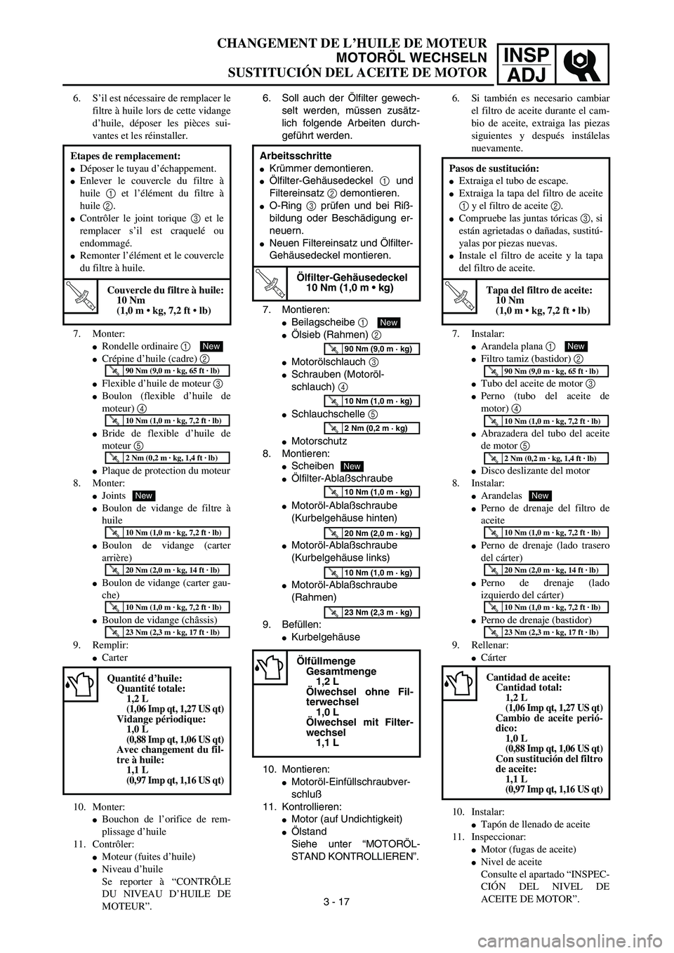 YAMAHA WR 450F 2003  Manuale de Empleo (in Spanish) INSP
ADJ
CHANGEMENT DE L’HUILE DE MOTEUR
MOTORÖL WECHSELN
SUSTITUCIÓN DEL ACEITE DE MOTOR
6. Soll auch der Ölfilter gewech-
selt werden, müssen zusätz-
lich folgende Arbeiten durch-
geführt we
