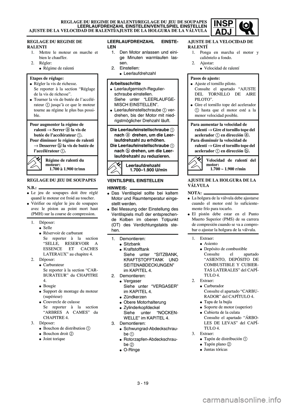 YAMAHA WR 450F 2003  Manuale de Empleo (in Spanish) INSP
ADJREGLAGE DU REGIME DE RALENTI/REGLAGE DU JEU DE SOUPAPES
LEERLAUFDREHZAHL EINSTELEN/VENTILSPIEL EINSTELLEN
AJUSTE DE LA VELOCIDAD DE RALENTÍ/AJUSTE DE LA HOLGURA DE LA VÁLVULA
LEERLAUFDREHZAH