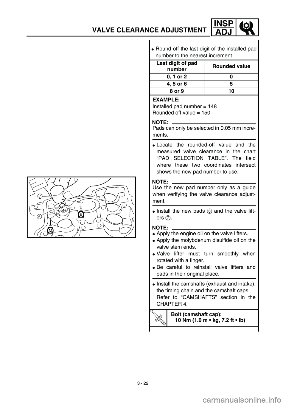 YAMAHA WR 450F 2003  Manuale de Empleo (in Spanish) 3 - 22
INSP
ADJ
Round off the last digit of the installed pad
number to the nearest increment.
Last digit of pad 
numberRounded value
0, 1 or 2 0
4, 5 or 6 5
8 or 9 10
EXAMPLE:
Installed pad number =