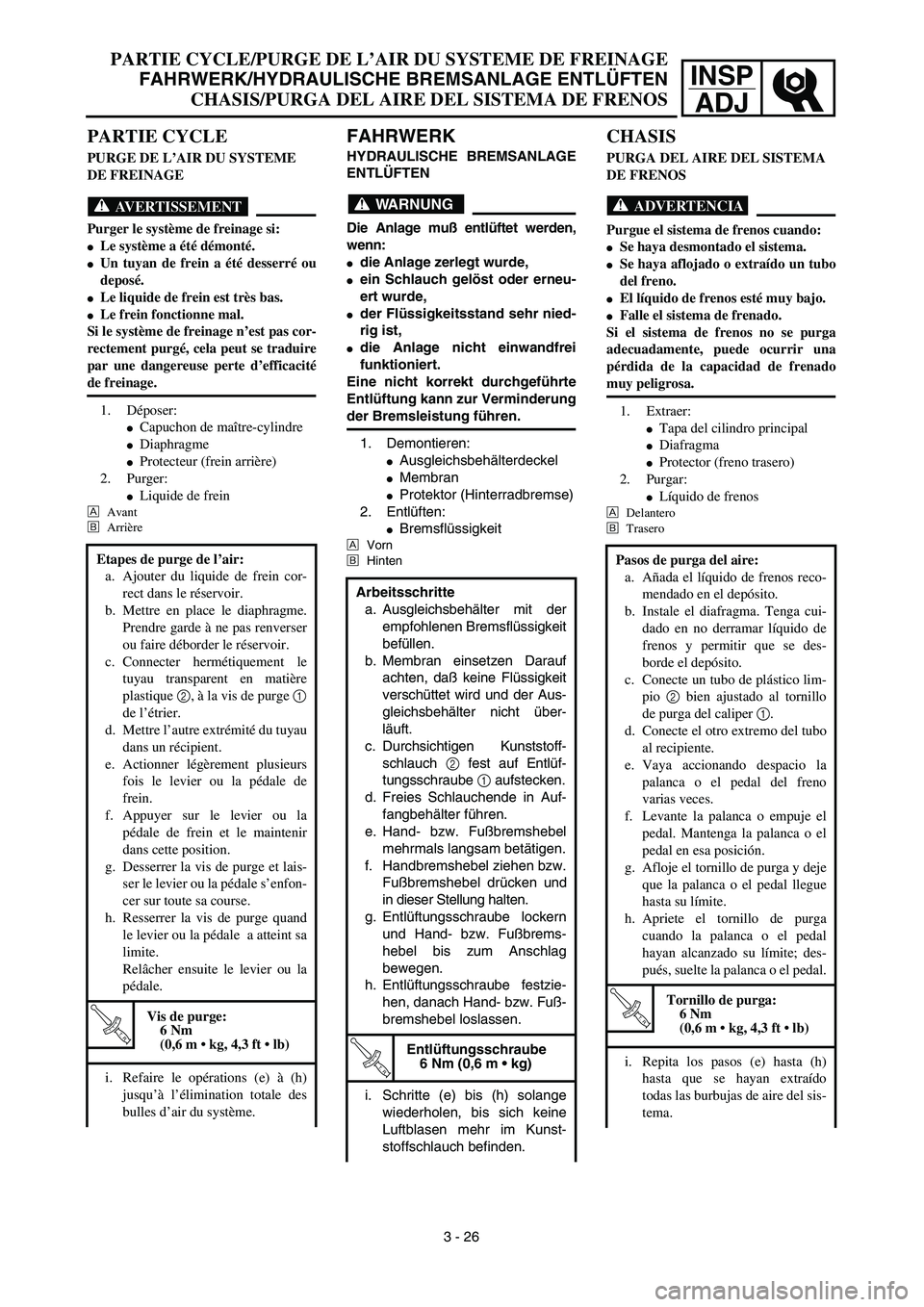 YAMAHA WR 450F 2003  Manuale de Empleo (in Spanish) INSP
ADJ
PARTIE CYCLE/PURGE DE L’AIR DU SYSTEME DE FREINAGE
FAHRWERK/HYDRAULISCHE BREMSANLAGE ENTLÜFTEN
CHASIS/PURGA DEL AIRE DEL SISTEMA DE FRENOS
FAHRWERK
HYDRAULISCHE BREMSANLAGE
ENTLÜFTEN
WARN