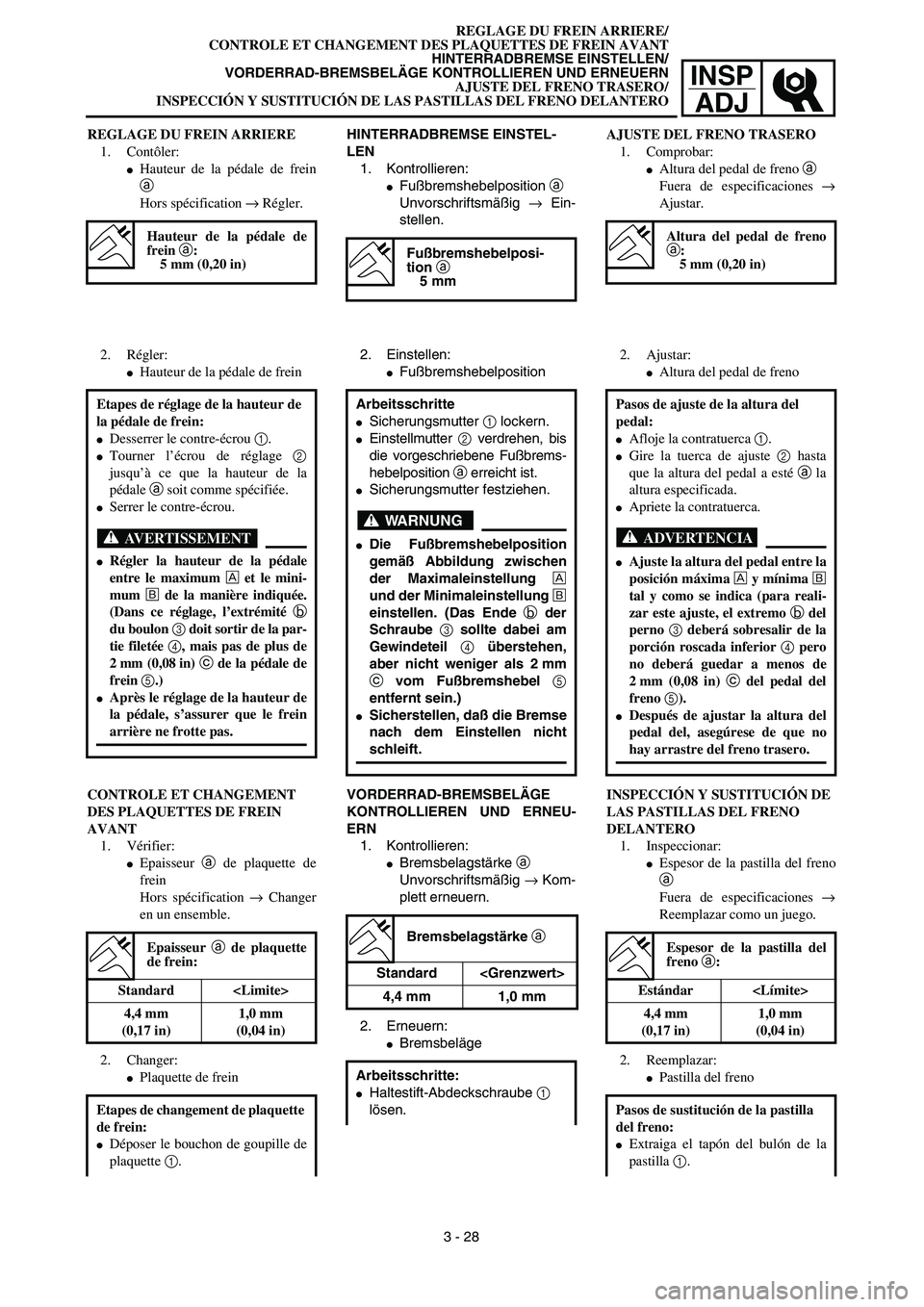 YAMAHA WR 450F 2003  Manuale de Empleo (in Spanish) INSP
ADJ
REGLAGE DU FREIN ARRIERE/
CONTROLE ET CHANGEMENT DES PLAQUETTES DE FREIN AVANT
HINTERRADBREMSE EINSTELLEN/
VORDERRAD-BREMSBELÄGE KONTROLLIEREN UND ERNEUERN
AJUSTE DEL FRENO TRASERO/
INSPECCI