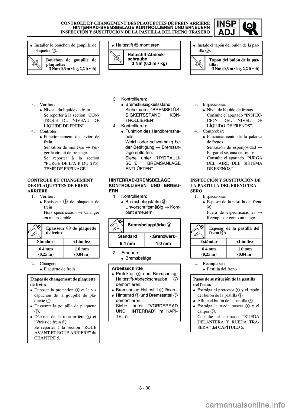 YAMAHA WR 450F 2003  Manuale de Empleo (in Spanish) INSP
ADJCONTROLE ET CHANGEMENT DES PLAQUETTES DE FREIN ARRIERE
HINTERRAD-BREMSBELÄGE KONTROLLIEREN UND ERNEUERN
INSPECCIÓN Y SUSTITUCIÓN DE LA PASTILLA DEL FRENO TRASERO
3. Kontrollieren:
Bremsfl