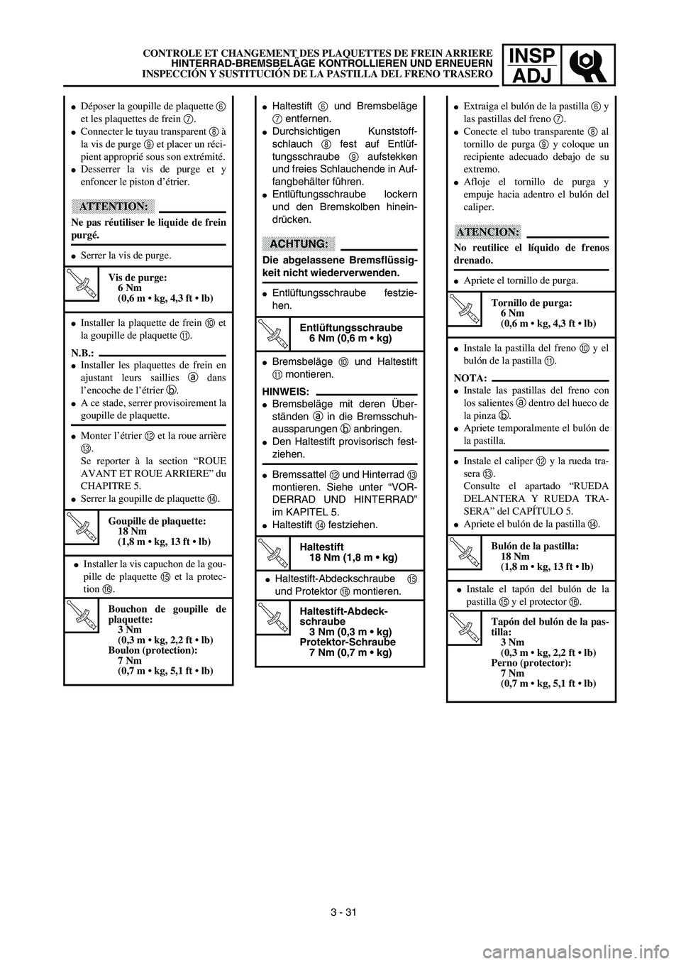 YAMAHA WR 450F 2003  Manuale de Empleo (in Spanish) INSP
ADJ
 
 
Haltestift   
6  
 und Bremsbeläge  
7  
 entfernen. 
 
Durchsichtigen Kunststoff-
schlauch   
8  
 fest auf Entlüf-
tungsschraube   
9  
 aufstekken
und freies Schlauchende in Auf-
f