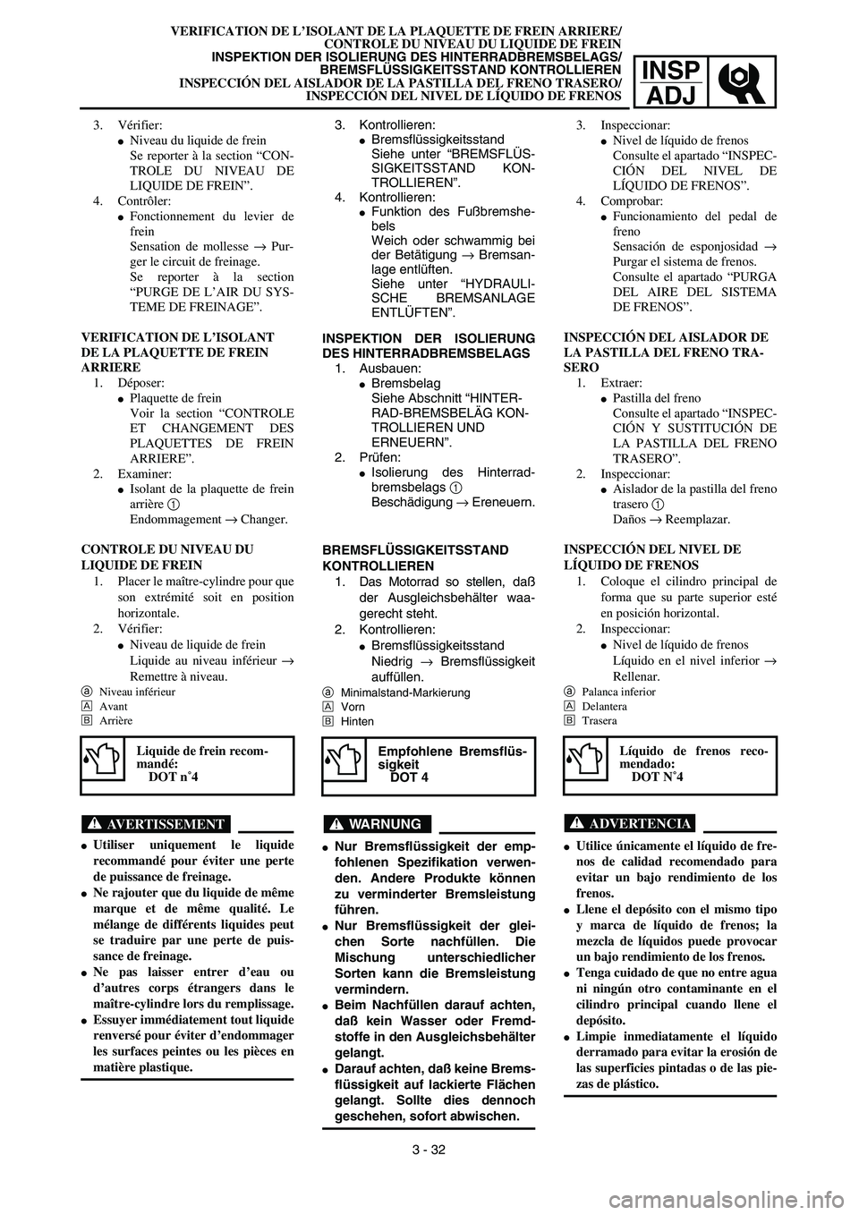 YAMAHA WR 450F 2003  Notices Demploi (in French) INSP
ADJ
VERIFICATION DE L’ISOLANT DE LA PLAQUETTE DE FREIN ARRIERE/
CONTROLE DU NIVEAU DU LIQUIDE DE FREIN
INSPEKTION DER ISOLIERUNG DES HINTERRADBREMSBELAGS/
BREMSFLÜSSIGKEITSSTAND KONTROLLIEREN
