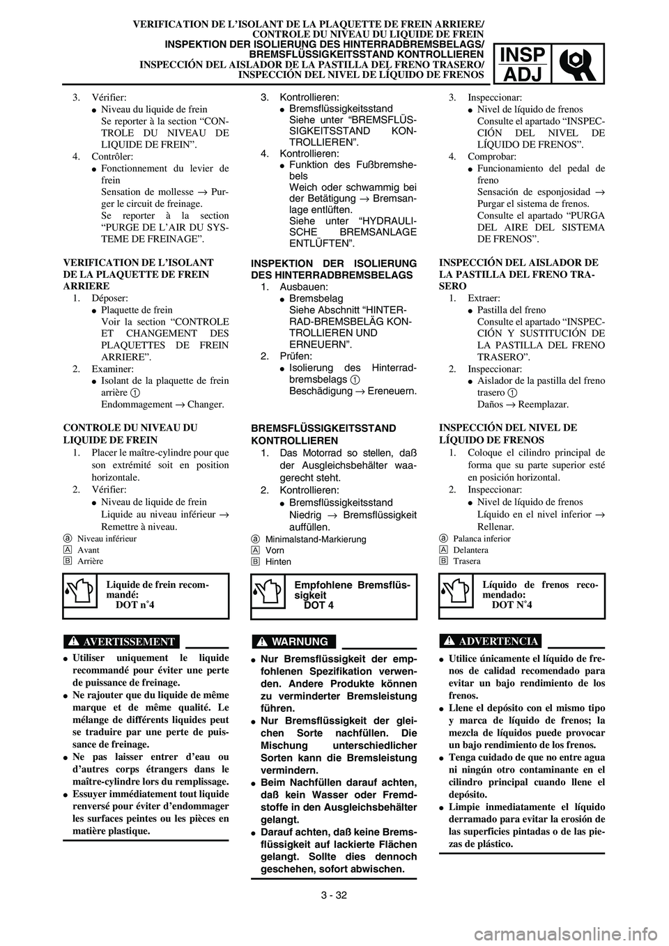 YAMAHA WR 450F 2003  Manuale de Empleo (in Spanish) INSP
ADJ
VERIFICATION DE L’ISOLANT DE LA PLAQUETTE DE FREIN ARRIERE/
CONTROLE DU NIVEAU DU LIQUIDE DE FREIN
INSPEKTION DER ISOLIERUNG DES HINTERRADBREMSBELAGS/
BREMSFLÜSSIGKEITSSTAND KONTROLLIEREN
