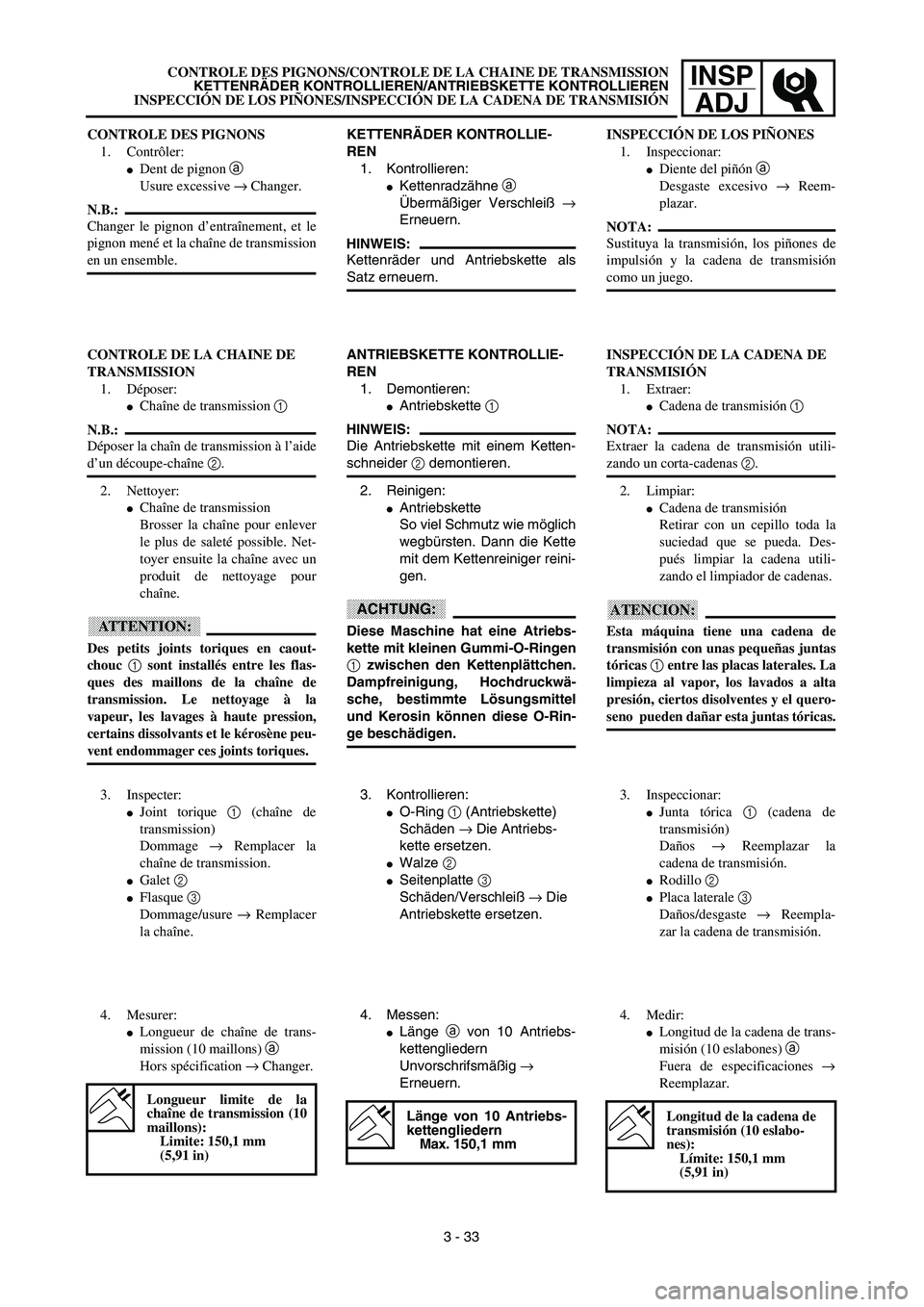 YAMAHA WR 450F 2003  Manuale de Empleo (in Spanish) INSP
ADJCONTROLE DES PIGNONS/CONTROLE DE LA CHAINE DE TRANSMISSION
KETTENRÄDER KONTROLLIEREN/ANTRIEBSKETTE KONTROLLIEREN
INSPECCIÓN DE LOS PIÑONES/INSPECCIÓN DE LA CADENA DE TRANSMISIÓN
KETTENRÄ