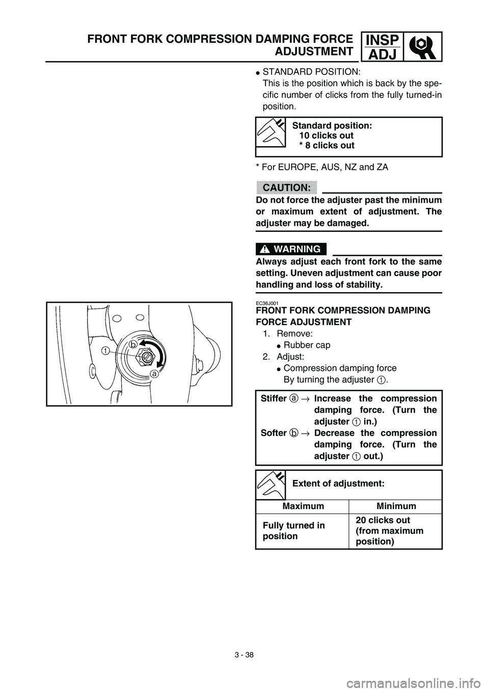 YAMAHA WR 450F 2003  Manuale de Empleo (in Spanish) 3 - 38
INSP
ADJFRONT FORK COMPRESSION DAMPING FORCE
ADJUSTMENT
STANDARD POSITION:
This is the position which is back by the spe-
cific number of clicks from the fully turned-in
position.
* For EUROPE