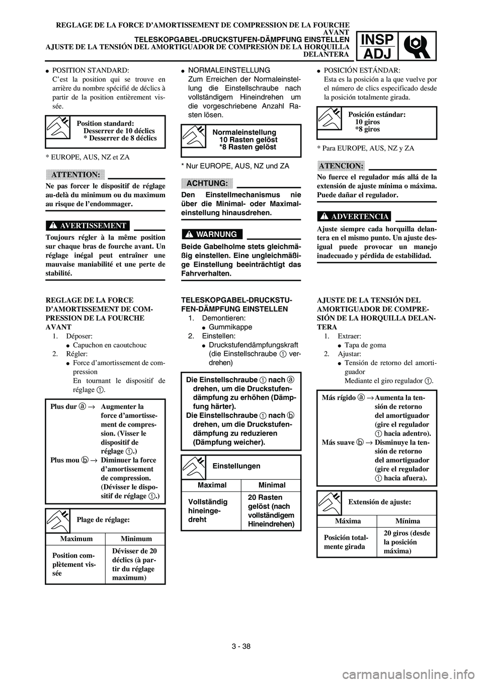 YAMAHA WR 450F 2003  Manuale de Empleo (in Spanish) INSP
ADJ
REGLAGE DE LA FORCE D’AMORTISSEMENT DE COMPRESSION DE LA FOURCHE
AVANT
TELESKOPGABEL-DRUCKSTUFEN-DÄMPFUNG EINSTELLEN
AJUSTE DE LA TENSIÓN DEL AMORTIGUADOR DE COMPRESIÓN DE LA HORQUILLA
D
