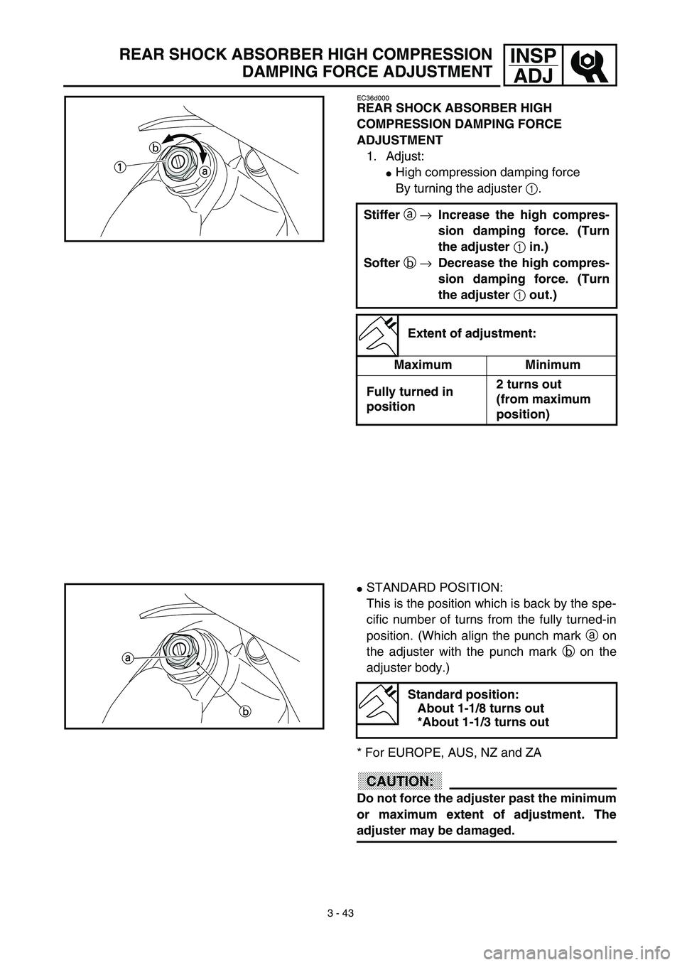 YAMAHA WR 450F 2003  Manuale de Empleo (in Spanish) 3 - 43
INSP
ADJ
EC36d000
REAR SHOCK ABSORBER HIGH 
COMPRESSION DAMPING FORCE 
ADJUSTMENT
1. Adjust:
High compression damping force
By turning the adjuster 1.
Stiffer a →Increase the high compres-
s