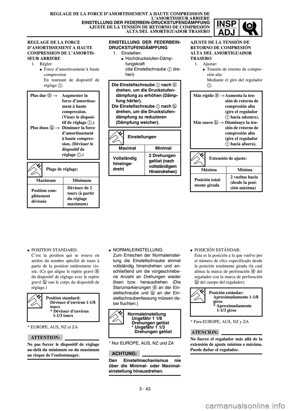 YAMAHA WR 450F 2003  Manuale de Empleo (in Spanish) INSP
ADJ
EINSTELLUNG DER FEDERBEIN-
DRUCKSTUFENDÄMPFUNG
1. Einstellen:
Hochdruckstufen-Dämp-
fungskraft
(die Einstellschraube 1 dre-
hen)
Die Einstellschraube 1 nach a 
drehen, um die Druckstufen-
