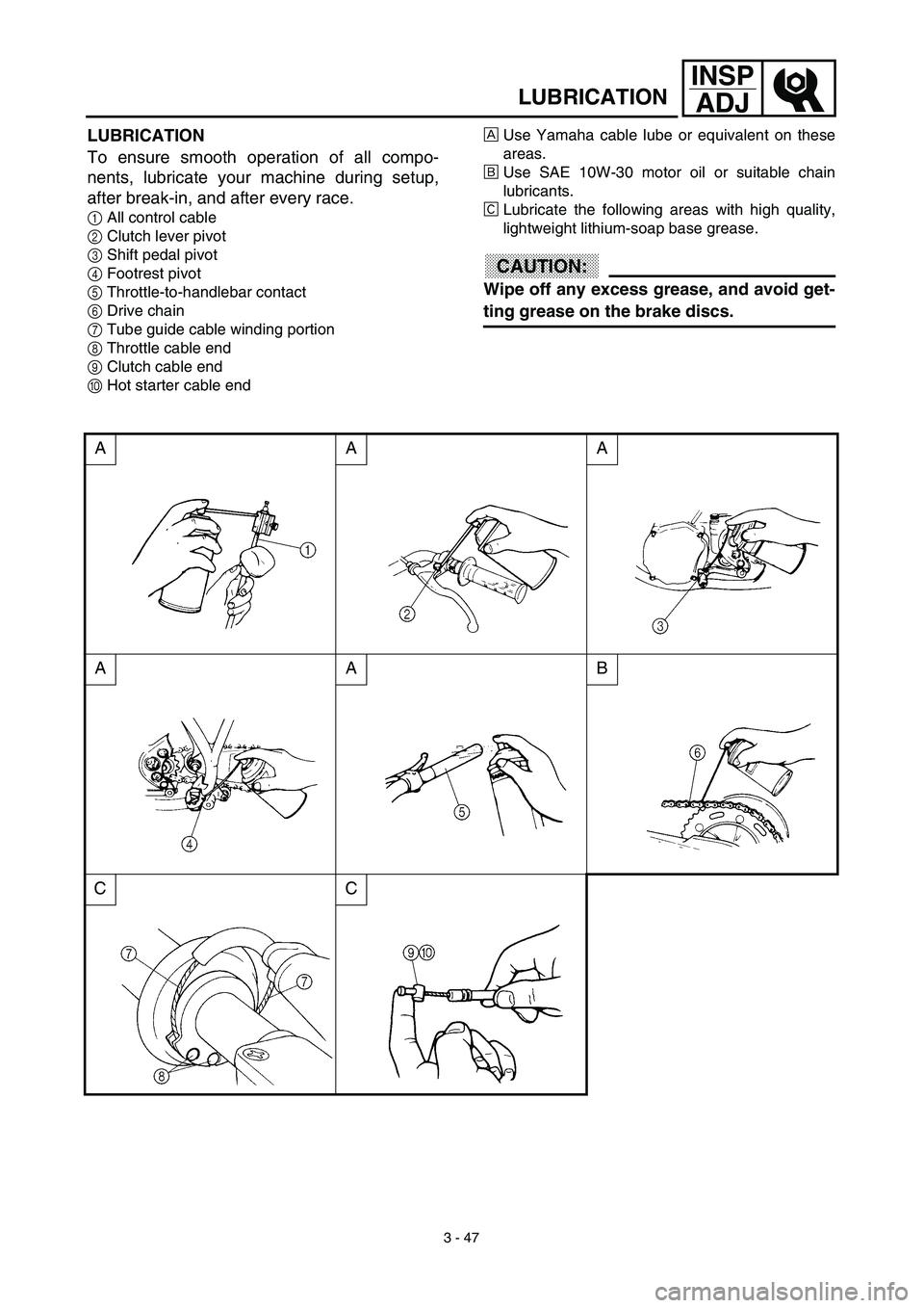YAMAHA WR 450F 2003  Owners Manual 3 - 47
INSP
ADJ
LUBRICATION
LUBRICATION
To ensure smooth operation of all compo-
nents, lubricate your machine during setup,
after break-in, and after every race.
1All control cable
2Clutch lever pivo