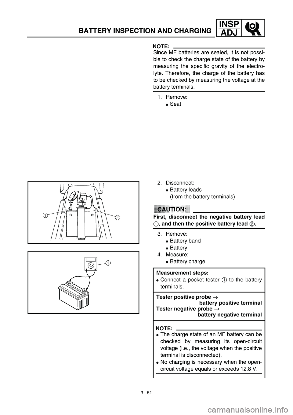 YAMAHA WR 450F 2003  Notices Demploi (in French) 3 - 51
INSP
ADJ
BATTERY INSPECTION AND CHARGING
NOTE:
Since MF batteries are sealed, it is not possi-
ble to check the charge state of the battery by
measuring the specific gravity of the electro-
lyt