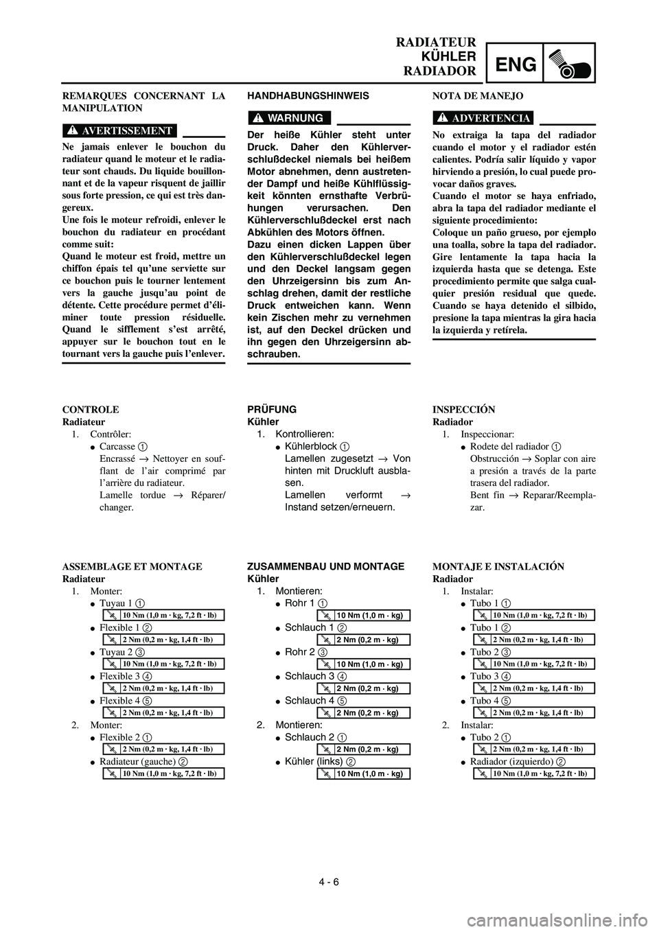 YAMAHA WR 450F 2003  Manuale de Empleo (in Spanish) ENG
4 - 6
RADIATEUR
KÜHLER
RADIADOR
HANDHABUNGSHINWEIS
WARNUNG
Der heiße Kühler steht unter
Druck. Daher den Kühlerver-
schlußdeckel niemals bei heißem
Motor abnehmen, denn austreten-
der Dampf 