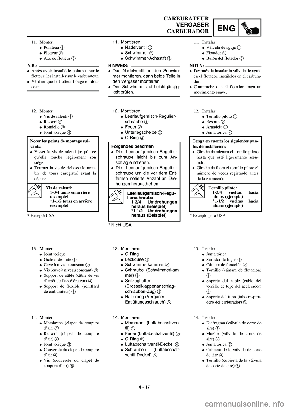 YAMAHA WR 450F 2003  Manuale de Empleo (in Spanish) ENG
4 - 17 11. Montieren:
Nadelventil 1 
Schwimmer 2 
Schwimmer-Achsstift 3 
HINWEIS:
Das Nadelventil an den Schwim-
mer montieren, dann beide Teile in
den Vergaser montieren.
Den Schwimmer auf L