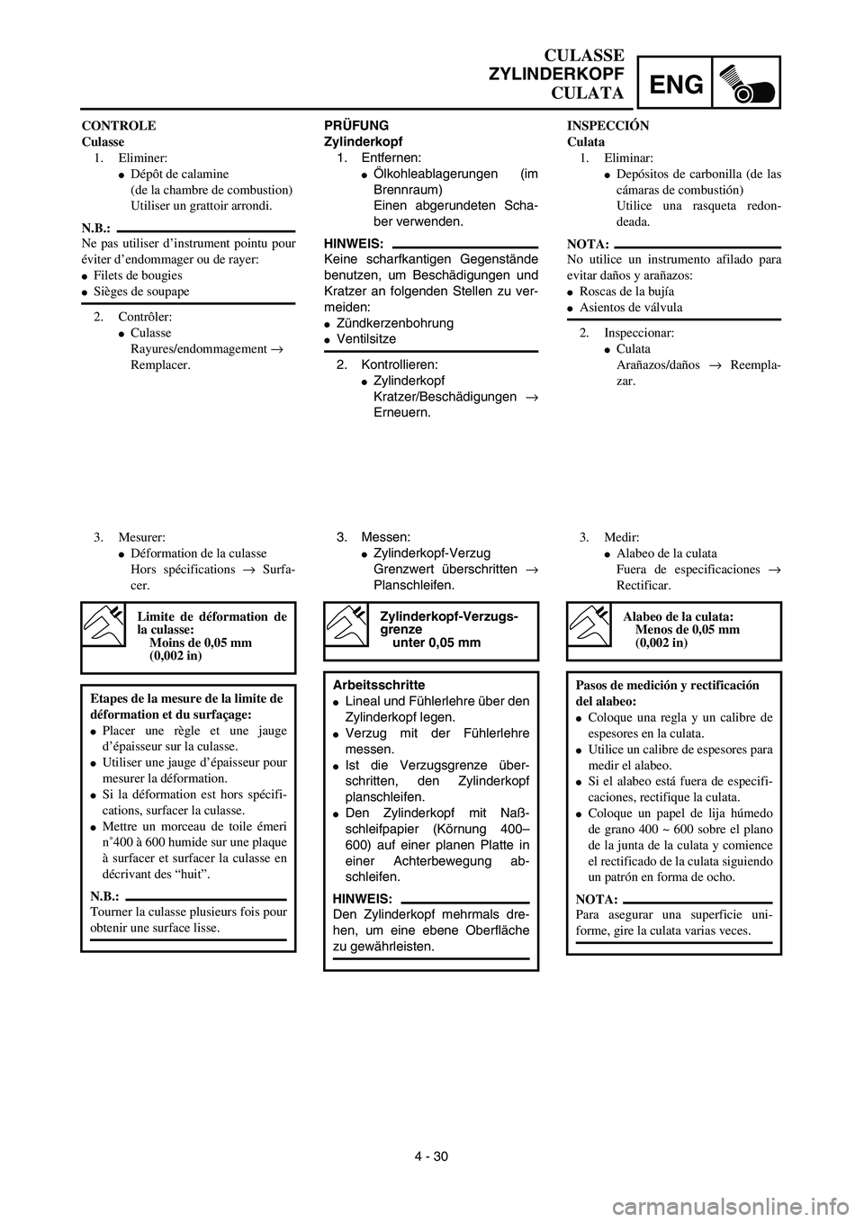 YAMAHA WR 450F 2003  Manuale de Empleo (in Spanish) ENG
4 - 30
CULASSE
ZYLINDERKOPF
CULATA
PRÜFUNG
Zylinderkopf
1. Entfernen:
Ölkohleablagerungen (im
Brennraum)
Einen abgerundeten Scha-
ber verwenden.
HINWEIS:
Keine scharfkantigen Gegenstände
benut